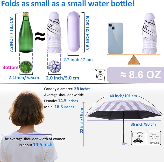 BAODINI Travel Essentials Mini Umbrella for Purse With Case Small Compact UV Sun Protection Lightweight Tiny Pocket Manual Open Close Umbrella for Women Kids and Men Fit Purse Backpack