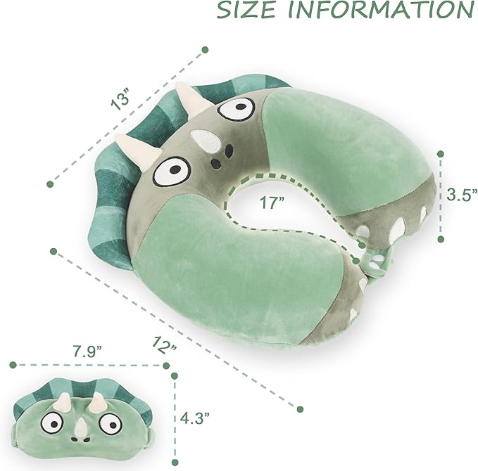 Sexysamba Cartoon Headrest & Neck Pillow for Kids Boys & Girls, Teens, Travel Accessories for Airplane, Car, Recline, Memory Foam Cute Travel Pillow with Sleep Eye Mask - Green Triceratops