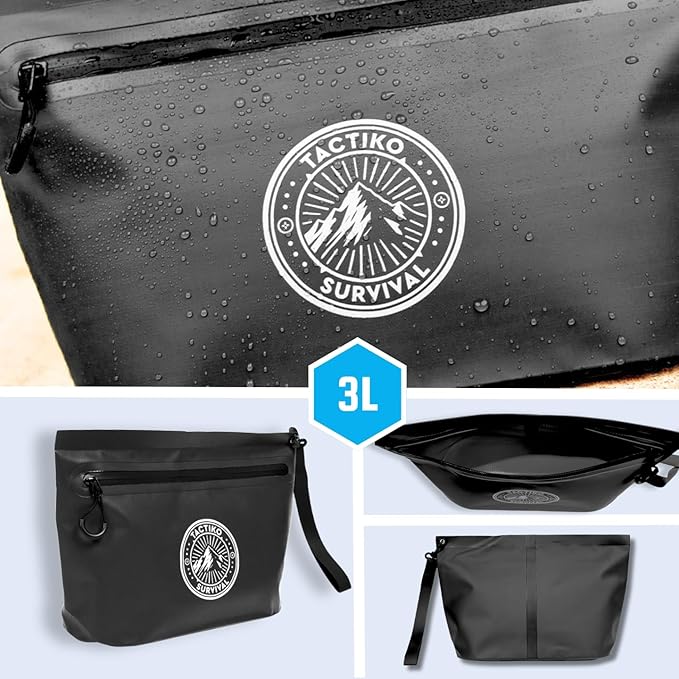 3-Pack Tactiko 3L Water Resistant Pouches - Waterproof Material w/Splashproof Zipper - Hold All Zipper Bags for Storage, Toiletries, Travel, Beach, Cruise, Home (3, Orange/Gray/Black)