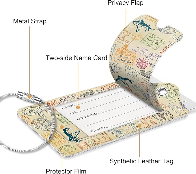 Fintie Luggage Tags, Privacy Cover ID Label with Stainless Steel Loop and Address Card for Travel Bag Suitcase - Postmark (2 Piece)