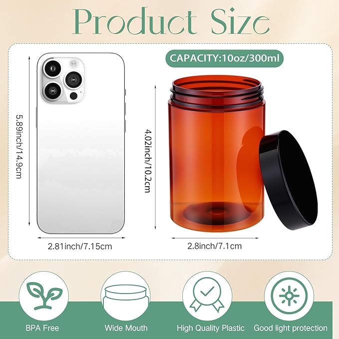 SATINIOR 12 Pack 10 oz Plastic Container Jars with Lids Round Clear Travel Cosmetic Container Slime Jars for Toiletries, Lotion, Cream, Ointments, Makeup, Rhinestone, Samples, Kitchen Storage(Amber)