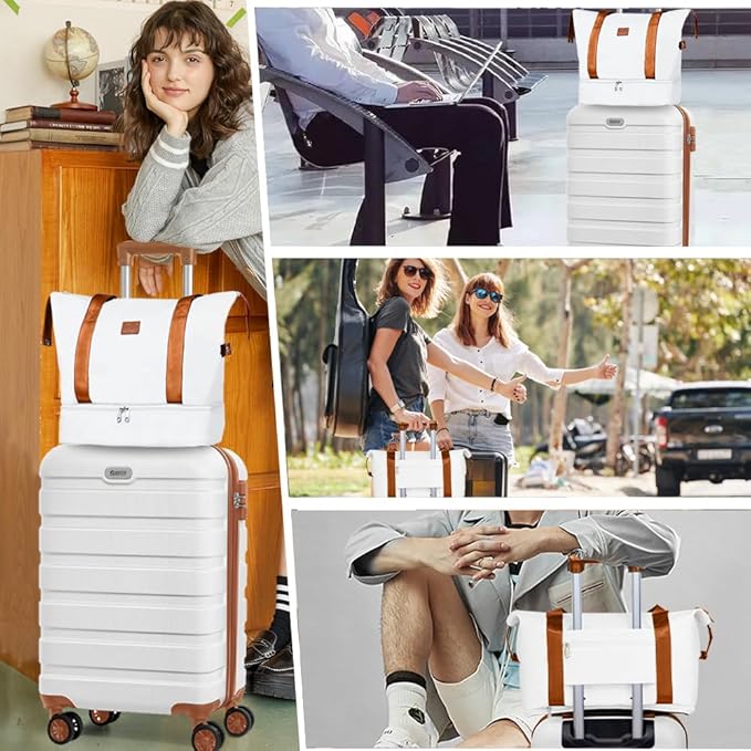 AnyZip Luggage Set 5 Piece PC ABS Hardshell Lightweight Suitcases for Travelling with 4 Universal Wheels TSA Lock Carry on Suitcase White Brown
