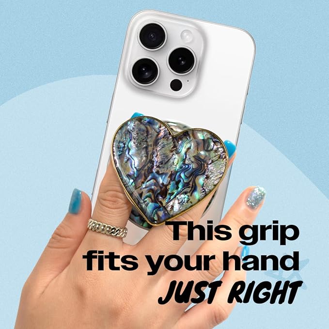 OnTheGrip Cute Natural Seashell Design Heart Shape Collapsible Mobile Phone Grip Stand Holder for Smartphone Tablet Cell Phone Accessory (Black Fresh Water)