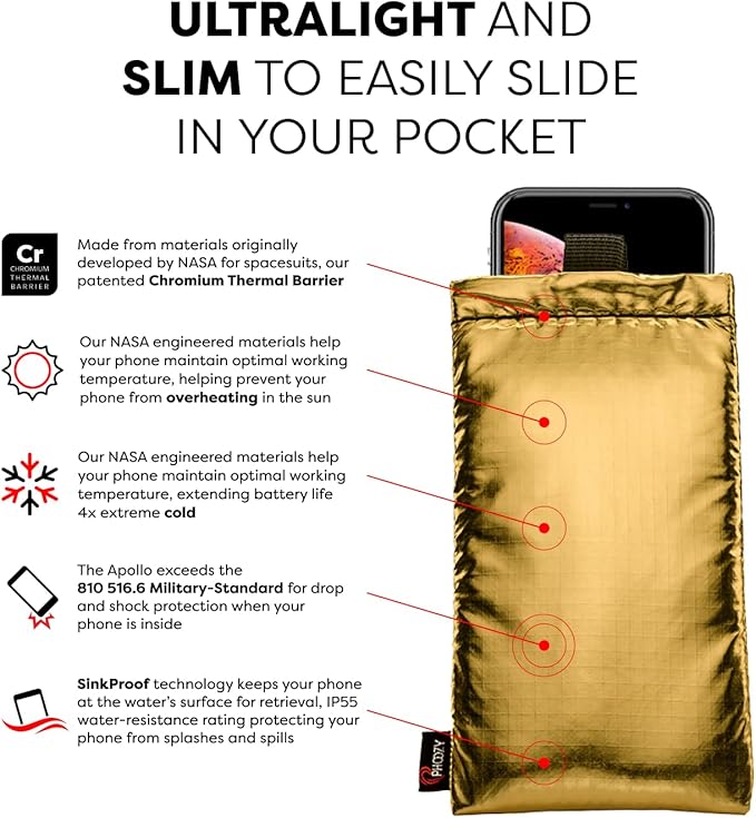 PHOOZY Apollo Thermal Phone Case | Insulated Phone Pouch Extends Battery Life 3X in Freezing Weather | Cold Resistant Drop Protection | Military Grade Water Resistant | Medium | Gold