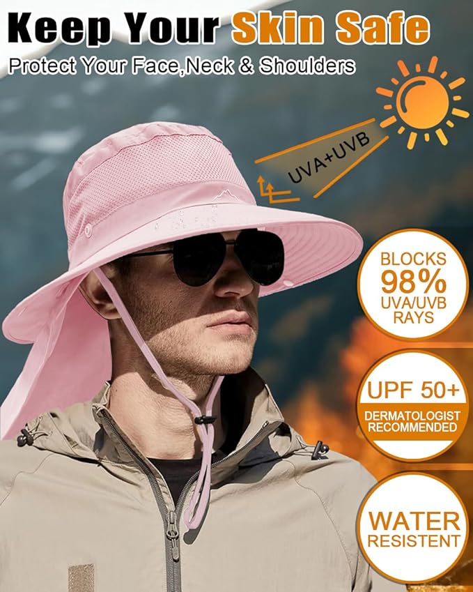 Outdoor Sun Hats with Stowable Neck Flap for Men Women UPF 50+ Mesh Summer Bucket Hat Wide Brim for Fishing Safari Hiking
