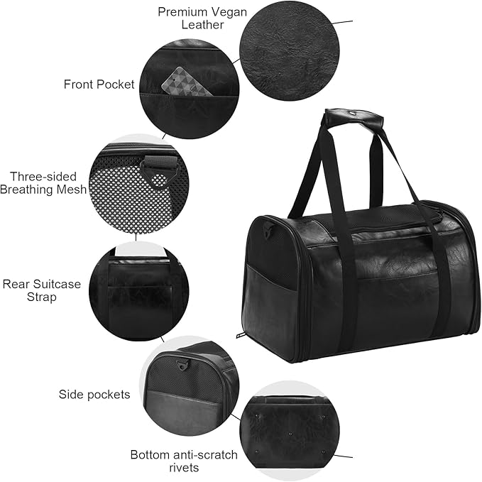 Fashion Leather Dog Carrier Cat Carrier Airline Approved Pet Carrier for Small Medium Dogs Cats Under 15Lbs, Collapsible Soft Sided Travel Puppy Carrier
