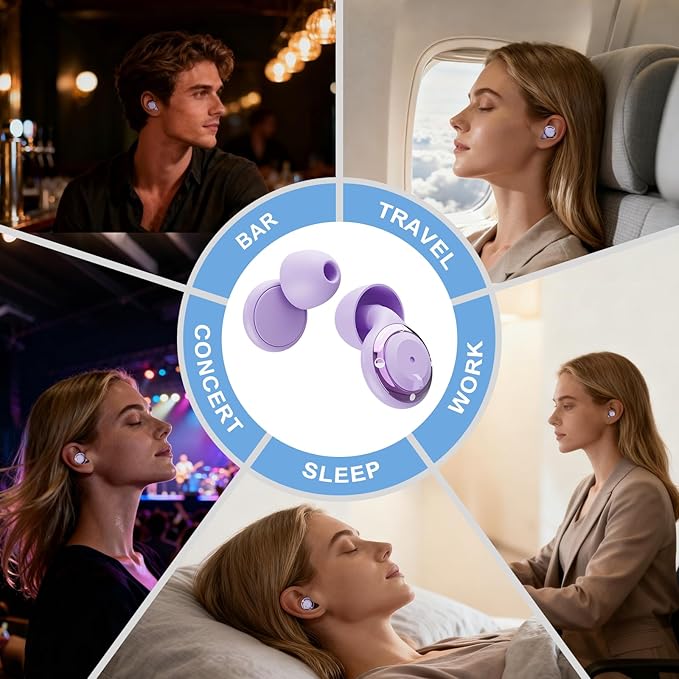 Adjustable Noise Cancelling Earplugs - 3 Modes Noise Reduction Ear Plugs (17-35dB) for Sleeping, Snoring, Travel & Concerts | 7 Pairs Silicone Tips (XS/S/M/L) | Magnetic Carry Case | Purple