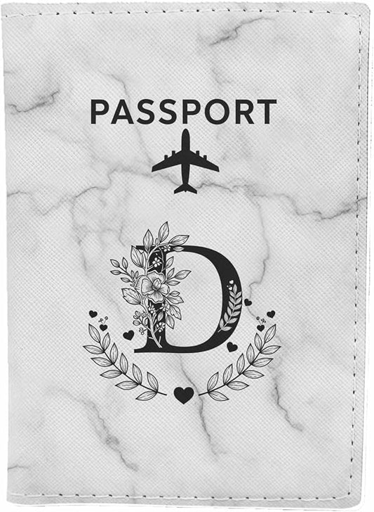Flower D Passport Holder for Travel Marble Simple Style Black Gray PU Leather Passport Cover Wallet Cute Passport Card Holder for Women and Men
