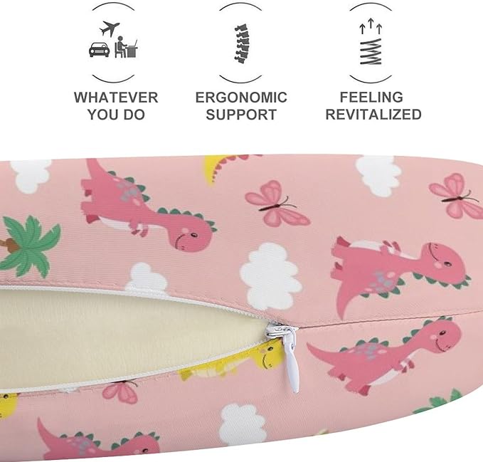 Cute Travel Neck Pillow Pink Cute Dinosaurs Memory Foam U Shaped Cushion, Washable Cover for Boys Girls Airplane Car School Nap