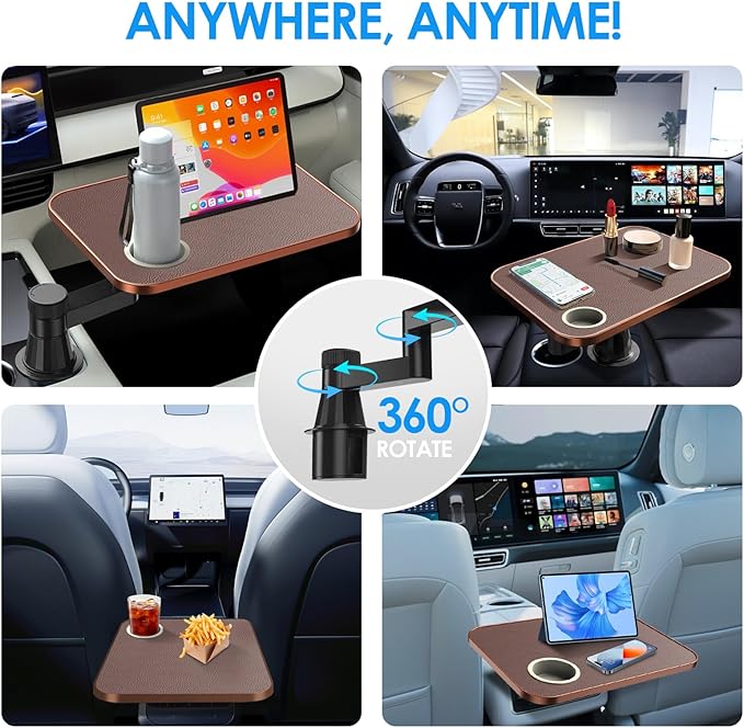 Car Tray& Car Desk for Laptop,Dual 360° Rotating,Anti Slip Leather Surface,Steering Wheel Tray,Car Accessories- Compatible with Tesila Model Y/3/S, Forrd F150/Explorer/Maverick/Most Vehicles (Brown)