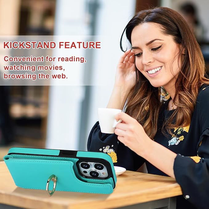 Folosu Compatible with iPhone 15 Pro Case Wallet with Card Holder, 360°Rotation Finger Ring Holder Kickstand, RFID Blocking Leather Protective Double Buttons Shockproof Cover 6.1 Inch Green
