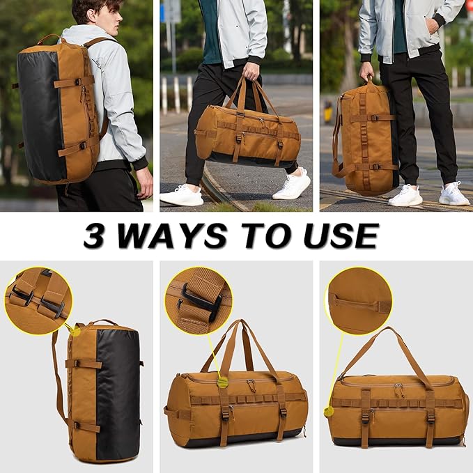Lyweem 60L Duffle Bag for Men Travel Duffel Bag Large Size for Women Weekender Overnight with Shoes Compartment Multifunctional Gym Bags, Brown