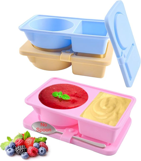 SEVENKA 3 Reuseable Silicone Snack Containers with Lids, Small Double Compartment Snackle Bento Box, Leakproof Sauce & Salad Dressing Containers for Travel, Office, Picnic, Dishwasher Safe