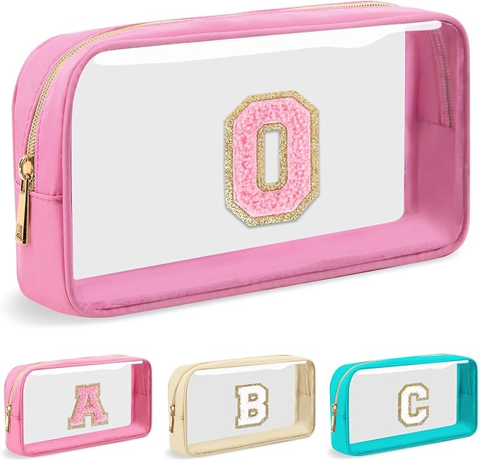 Personalized Initial Letter Clear Makeup Bag,Preppy Small Nylon&PVC Cosmetic Zipper Bag with Chenille Letter,Portable Beach Travel Skincare Toiletry Bag,Trendy Monogram Gift for Teen Girls Women,O