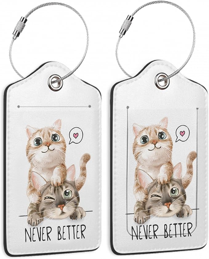 Cute Cat Luggage Tags for Suitcases,2 Pack,Never Better Luggage Tag,Leather Stainless Steel Loop Label Tag for Women Men Girls Travel Bag Suitcase