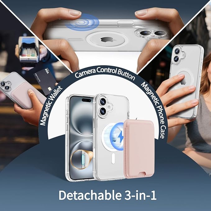 Ntwinro Magnetic for iPhone 16 Clear Case (Compatible with MagSafe) with Pink Detachable Wallet & Card Holder for 3 Cards [RFID Blocking] Military Grade Protective Slim Phone Cover