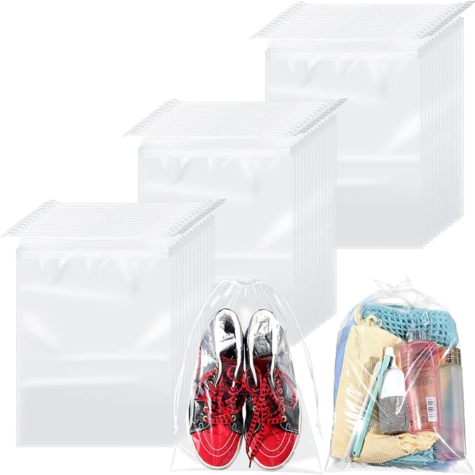 100 Packs Shoes Bags for Travel 10 x 14 Inch Large Transparent Shoe Bags Clear Drawstring Bags Plastic Waterproof Shoe Packing Bags Storage Organizer Pouch with Rope for Men Women Travel Accessories