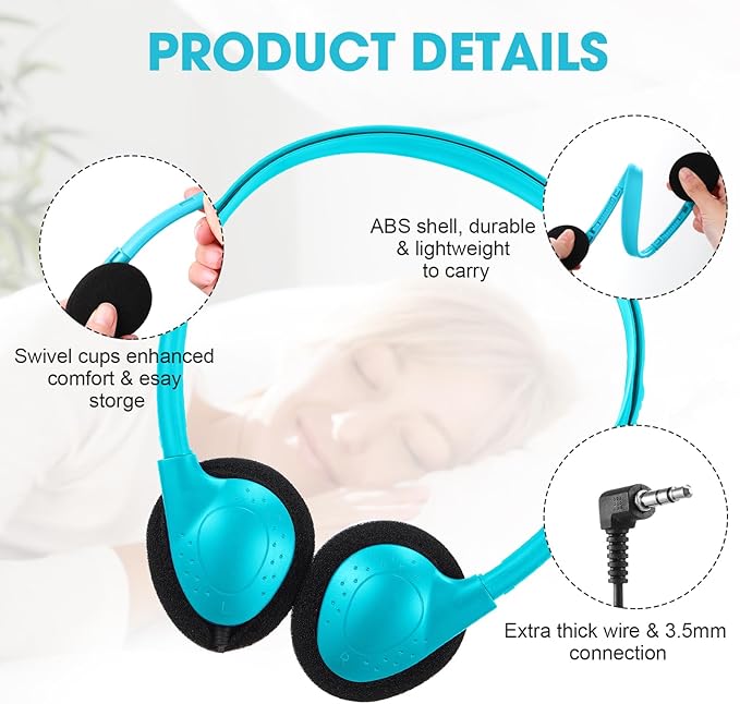 Konohan 30 Pack Headphones Bulk Headphone for School Classroom Student Wired Headphones Adjustable with 3.5 mm Jack for Adults (Sky Blue)