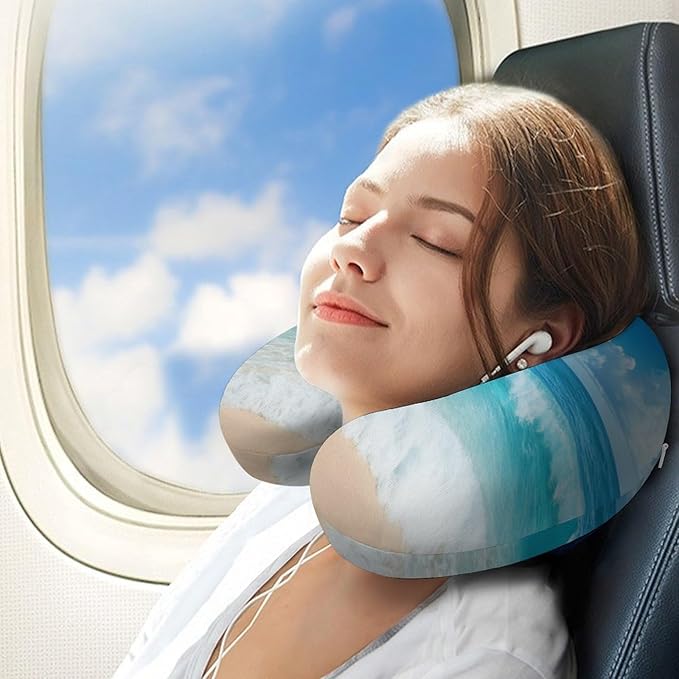 Memory Foam U-Shaped Travel Pillow Neck Pain Relief, Ocean Beach Blue U-Shape, Removable Cover Airplane Car Office