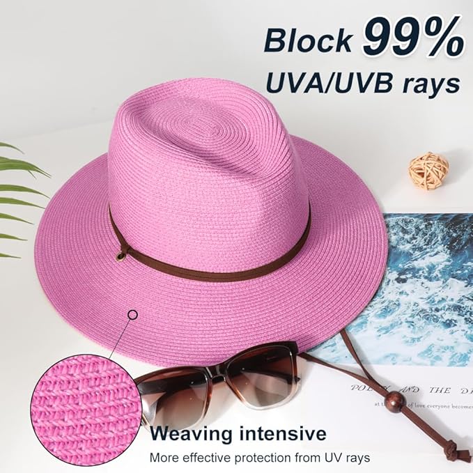 DRESHOW Women Straw Panama Hat Travel Fedora Beach Sun Hat Summer Wide Brim Straw Roll up Hat UPF 50+