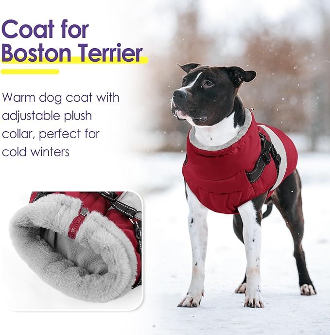 SUNFURA Small Dog Coat with Harness Built in, Warm Dog Jacket Winter with Zipper On Back, Waterproof Pet Snow Jacket Snowsuit Pet Sweater Clothes for Puppy, Burgundy XS