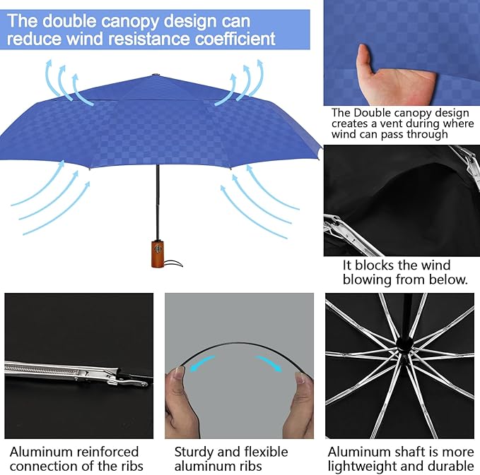 Satol 46/54/62 Inch Large Golf Umbrella, Windproof 10 Ribs Automatic Open/Close Oversize Double Canopy Vented Portable Folding Travel Umbrellas, UPF 50+ Sun & Rain Compact Umbrellas for Outdoor