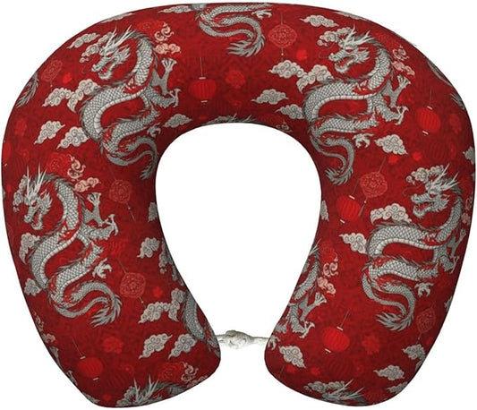 Funny Neck Pillow Support for Car Flight Rest Chinese Dragon Music Note Art, Memory Foam U Shaped Decor Head Cushion for Home Outdoors Travel