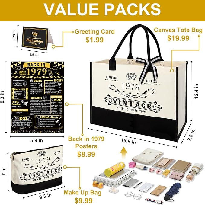 YeohJoy 46th Birthday Gifts for Women Canvas Tote Bag Travel Gear, Unique 46 Years Old Birthday Gifts for Girlfriend Sister Friends Her, Vintage 1979 Handbag & Cosmetic Bag & Back in 1979 Poster