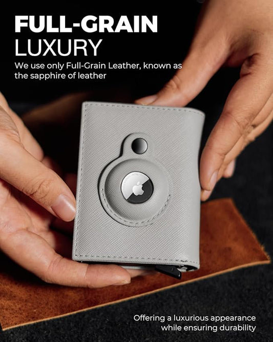 Jenoss Smart AirTag Wallet for Men & Women: Full Grain Leather, Handcrafted, Pop Up Case, Slim, RFID Blocking, Credit Card Holder, Apple Air Tag Tracker Minimalist 9-12 Slot | ID & Cash (Black& Grey)