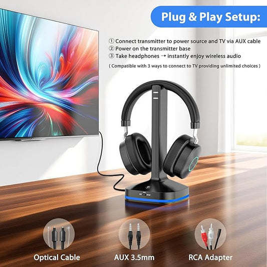 Wireless Headphones for TV Watching, TV Headphones Wireless for Seniors with Transmitter Charging Base, No Audio Delay Blutooth 5.4, Over Ear Headset with 3 Audio Modes, Gifts for Parents/Elderly