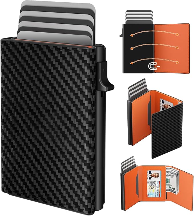 Mens Wallet Card Holder, Slim Wallet for Men, Premium Flexible Leather, Smart Front Pocket Wallet, Aluminum Pop up Case, RFID Blocking, Minimalist, 9-14 Card Capacity | ID Window | Cash Slot