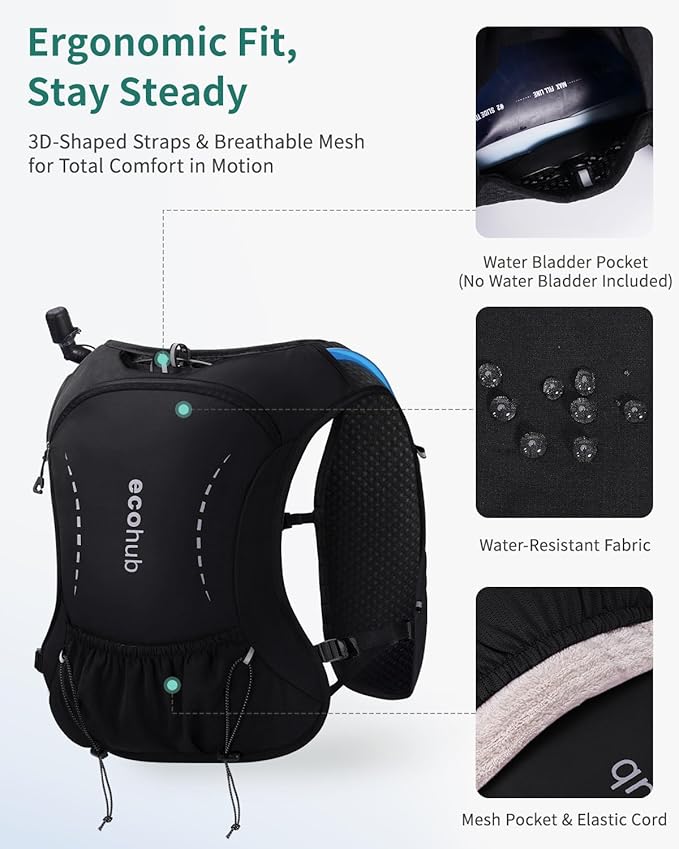 ECOHUB Running Hydration Vest Backpack with 2*500ML Soft Flask, Lightweight Trail Running Pack for Men Women, Adjustable No Bounce Hydration Backpack for Marathon Hiking Cycling