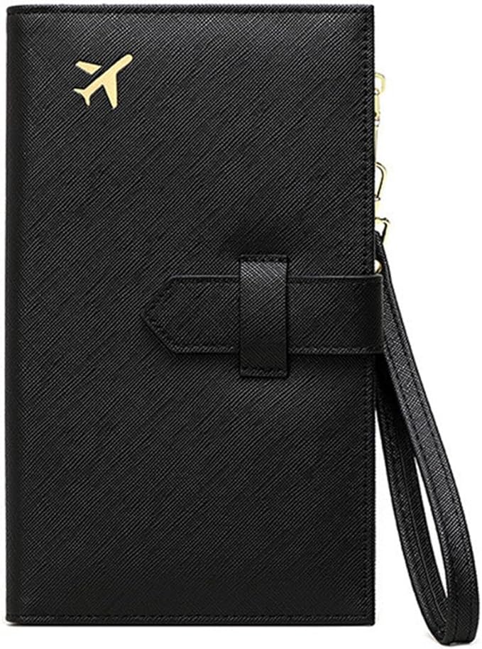 Waterproof Family Passport Organizer with RFID Blocking Genuine Leather Document Holder Card Slots Travel Wallet for Women Men Black (Black)