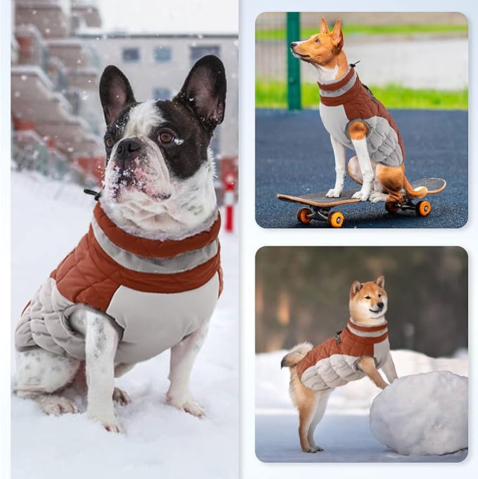 OUOBOB Winter Dog Coat,Large Dog Jacket,Waterproof Pet Jacket with Back Zipper,Pet Coat with Harness Built in,Warm Dogs Coat with Fleece Lined,Snow Jacket Clothes French Bulldog Shiba Inu,Brown,L