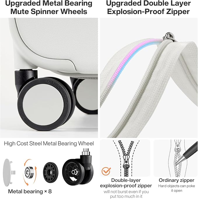 mixi Upgrade Carry on Luggage Suitcases with Spinner Wheels, Hardside Rolling Suitcase PC with TSA Lock Lightweight Travel Case 20in Carry-On, Fine Grid Smoke White