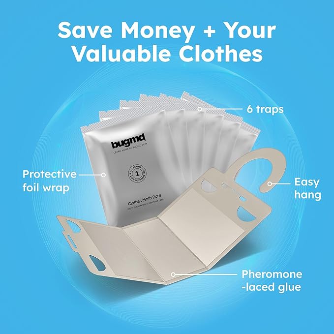 BugMD Clothes & Pantry Moth Traps (6 Count) – Sticky Glue Pheromone-Based Repellent for Closets, Cabinets & Wardrobes – Non-Toxic - Green