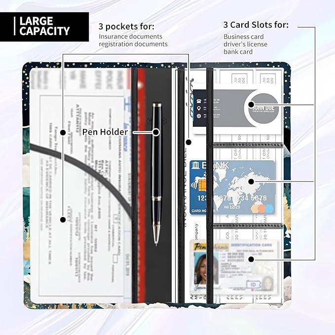 Leather Car Registration and Insurance Card Holder, Cute Car Accessories Vehicle Glove Box Car Organizer for Documents, Cards, License Beautiful Night Forest Mountain