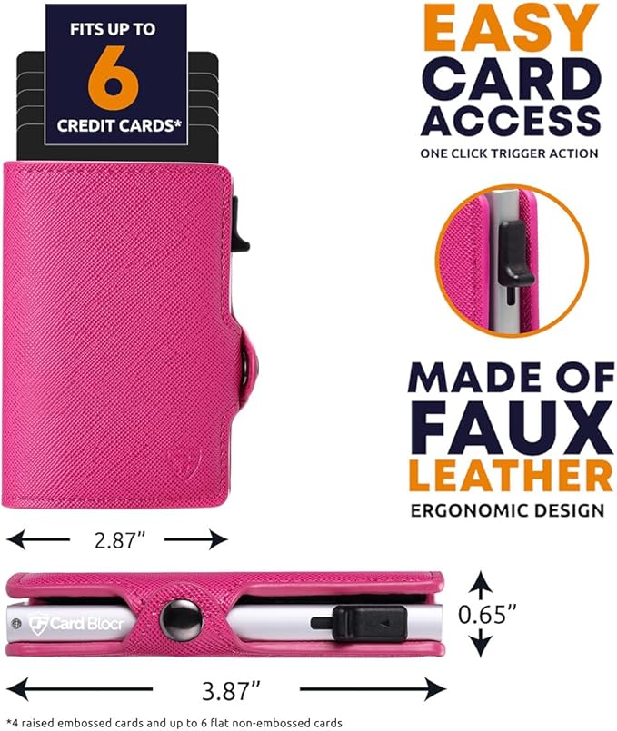 Card Blocr Womens Slim Wallet for Small Purses, Pop Up Wallet with Anti Theft RFID Blocking Credit Card Holder for Women in Pink PU Saffiano