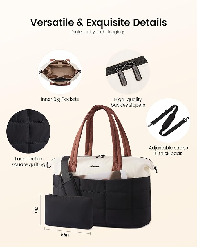 LOVEVOOK Quilted Duffle Bag for Travel,36L Gym Bag for Women with Wet Pocket,Water Resistant Weekender Overnight Bag Tote Bag for Women with Laptop Compartment(Black White Brown)