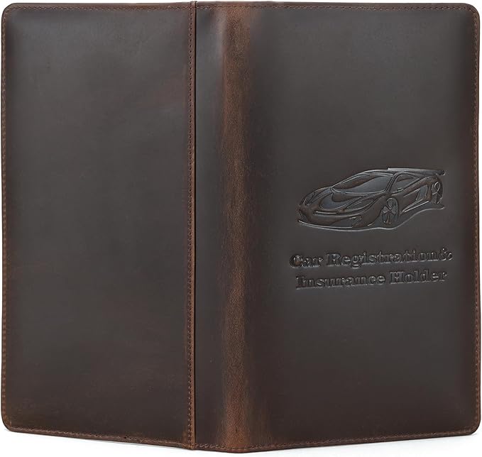 Polare Vintage Full Grain Leather Car Registration and Insurance Card Holder, Vehicle Glove Box Organizer Car Essentials RFID Wallet Case for Driver License, Cards & Documents