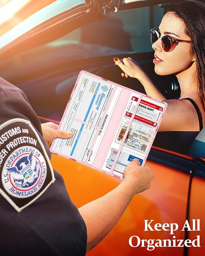 Slohif Car Registration and Insurance Card Holder with Magnetic Shut - Vehicle Glove Box Organizer Women Leather Automobile License Holders Coasters Auto Accessories Case for Document,Strawberry