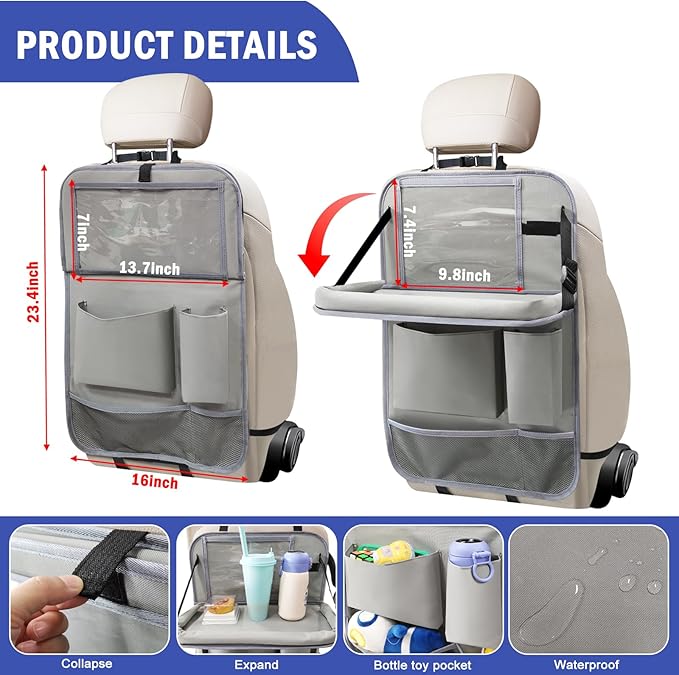 Car Backseat Organizer with Tablet Holder,6 Storage Pockets Car Storage Organizer with Foldable Food Tray,Kick Mats Backseat Protector Travel Accessories (Grey)