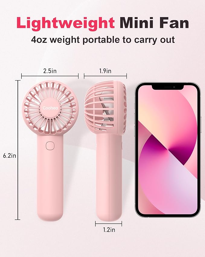 Coohea Mini Handheld Fan, Small Cute Design, 3 Powerful Speeds, USB Rechargeable Battery Operated, Personal Portable Fan with Base & Lanyard, for Eyelash Makeup Travel Beach Office Desk, Pink