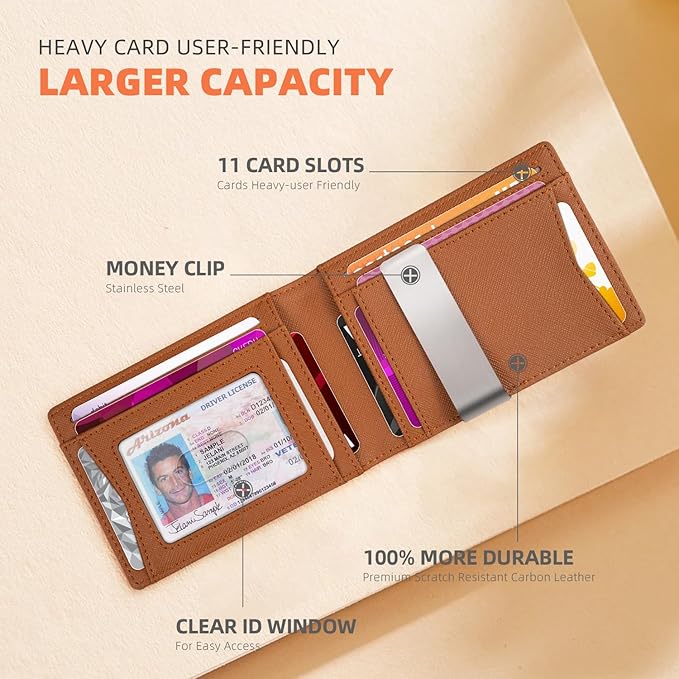 RUNBOX Slim Wallets for Men - Leather Money Clip Mens Wallet - RFID Blocking Front Pocket Bifold Wallet - Thin Credit Card Holder with Gift Box