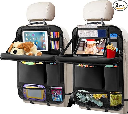 Etre Jeune Car Backseat Organizer with Tablet Holder, 6 Storage Pockets Foldable Table Tray Seat Back Protectors Kick Mats Travel Accessories, 2 Pack Black
