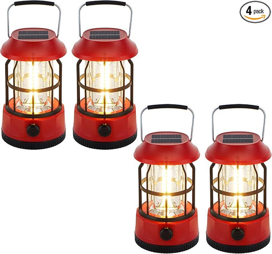 TRIROCKS Set of 4 LED Solar Camping Lantern Dimmable Rechargeable Lantern IPX3 Water-Resistant Portable Emergency Lights Outdoor Camping Lights for Camping Home Power Outage Hurricane Hiking (Red)