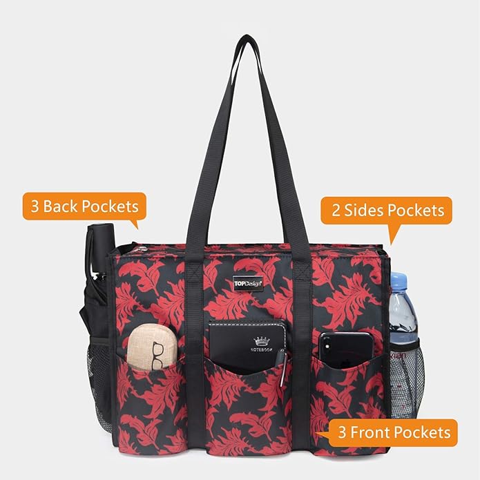 TOPDesign Utility Water Resistant Tote Bag with 13 Pockets, Top Zipper Closure & Thick Bottom Support, for Working Women