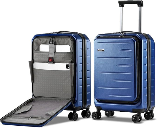Carry On Luggage 22×14×9 Airline Approved, 20 Inch Lightweight ABS+PC Hard Shell Suitcases with Front Pocket, Spinner Wheels, TSA Lock (Navy Blue, 1PC)