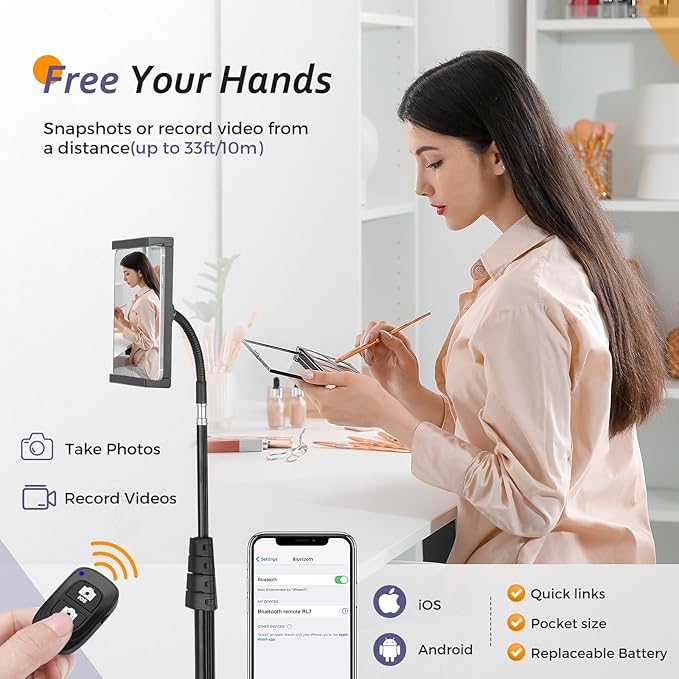 Aureday Adjustable Tripod Stand, 67” Height, Tablet Holder for iPad mini/Air/Pro, Kindle, Switch, Smartphones, 4.7”-12.9” Devices