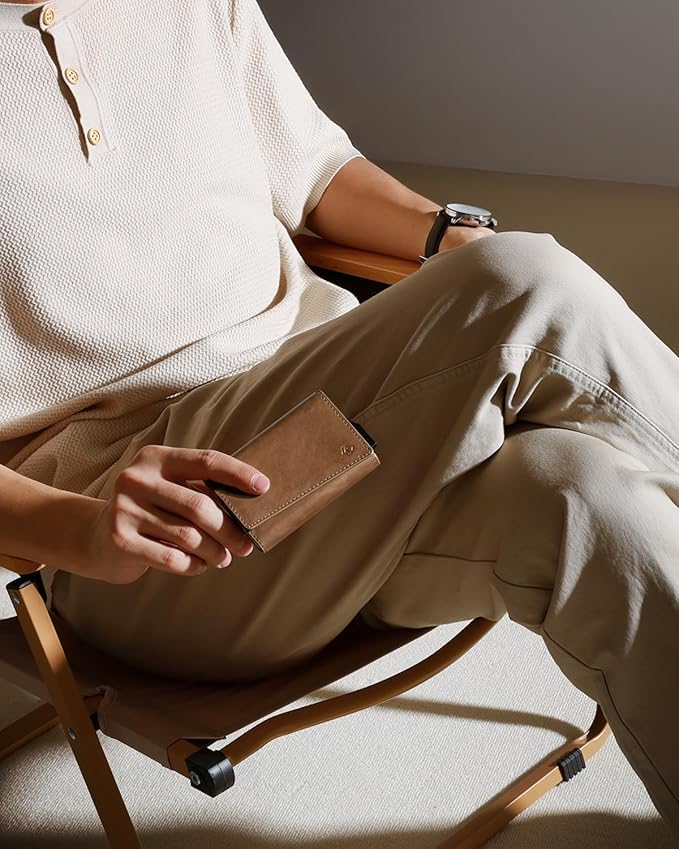 YESIIW Premium Genuine Leather Wallet for Men - Pop up Slim wallet for 8-10 Card Capacity | 1 ID Window | Cash Slot - Smart Mens Wallet Card Case with RFID Blocking - Thin, Front Pocket (Brown)